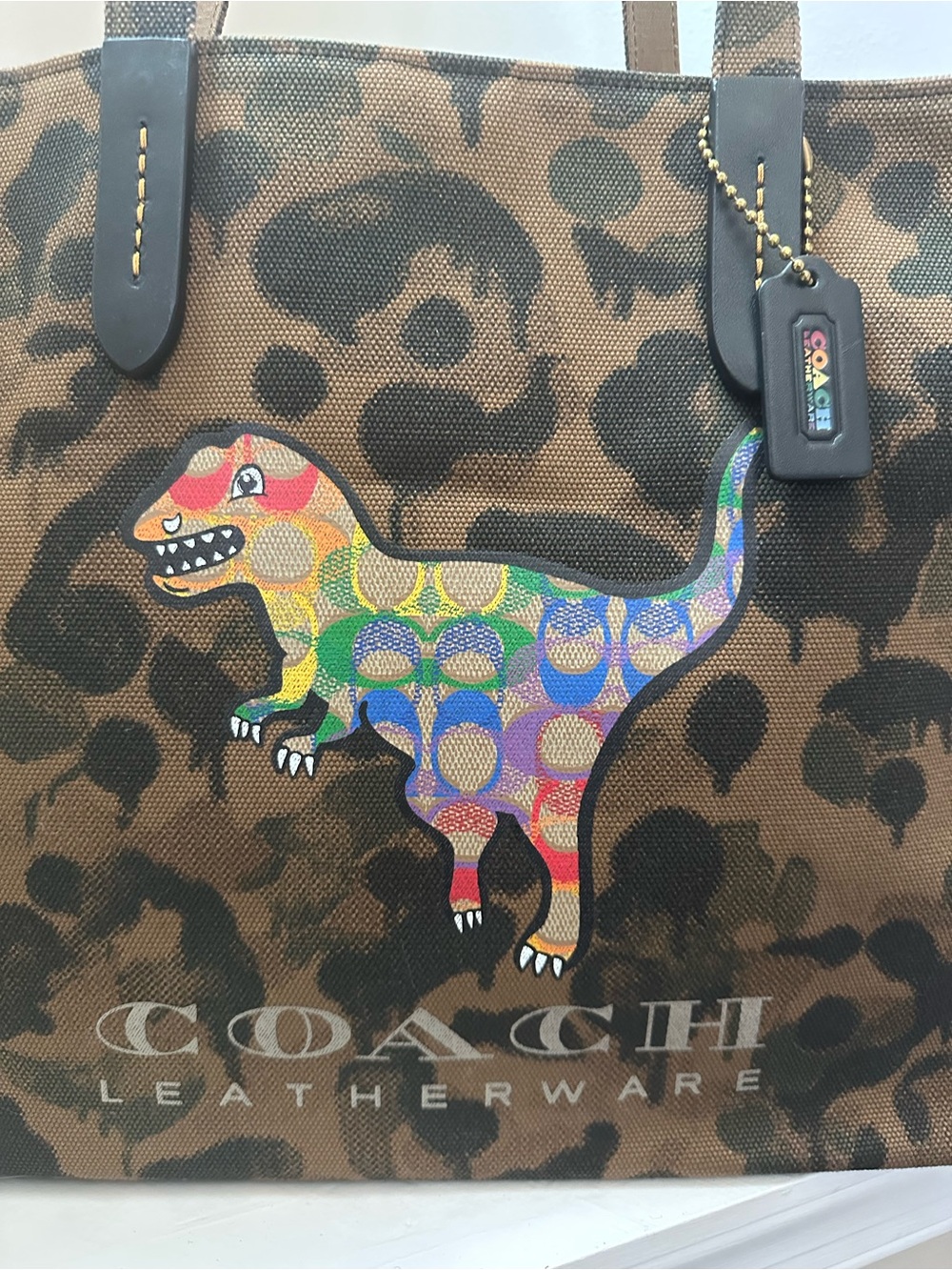 Coach Brown Leopard Tote with Multicolor Dinosaur - Picture 3 of 4